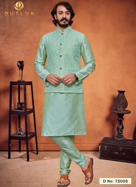 Sea Green Outluk Vol 75 Latest Designer Festive Wear Kurta Pajama With Jacket Collection 75005